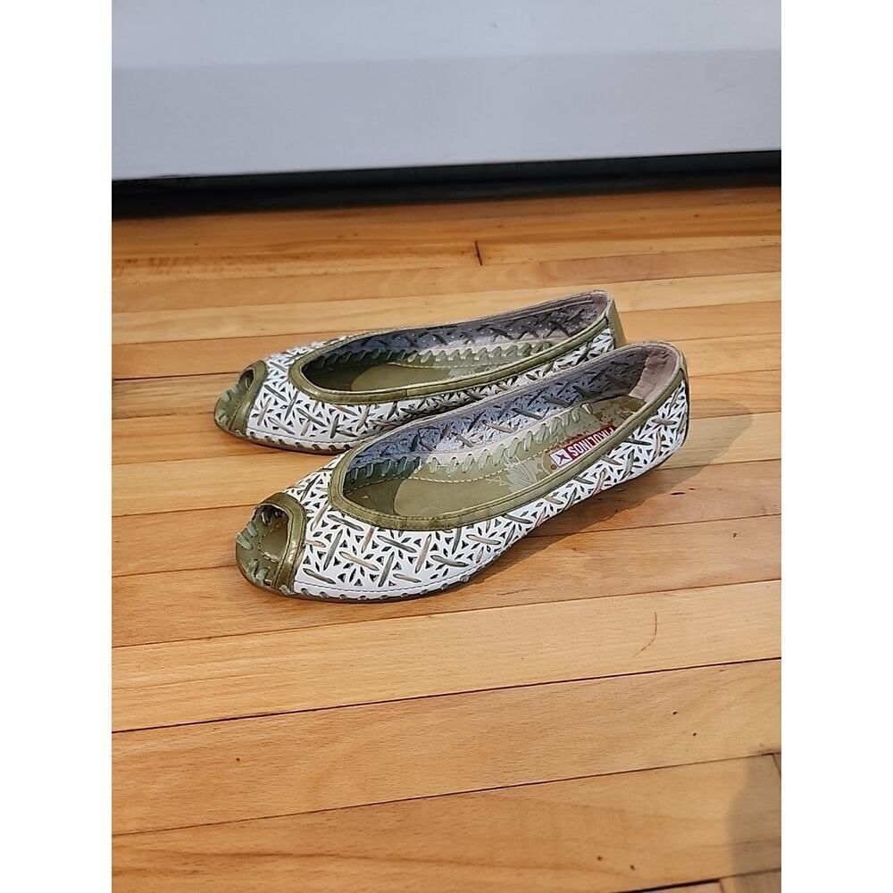 Women Pikolinos Ballet Mary Jane Sandals Gold Green Peep Toe Leather 6 Flats